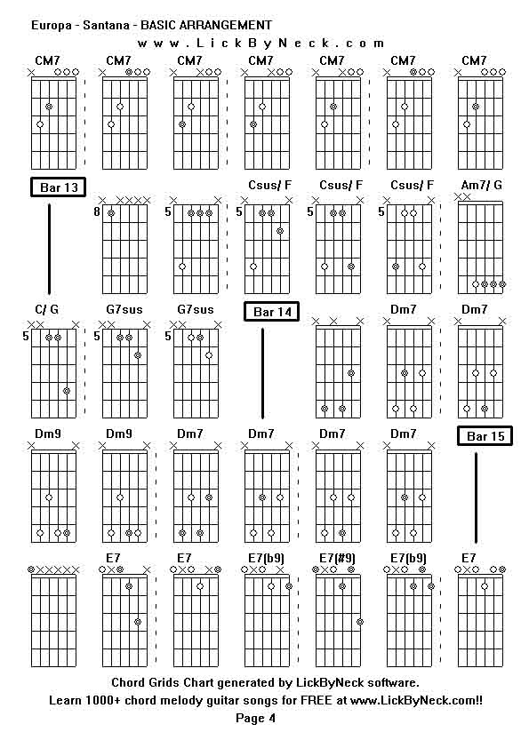 Chord Grids Chart of chord melody fingerstyle guitar song-Europa - Santana - BASIC ARRANGEMENT,generated by LickByNeck software.